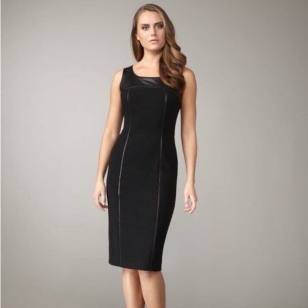 LAFAYETTE 148 Black Stretch Ponte Leather Trim Career Dress